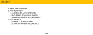 ©RA
1: BASIC TERMINOLOGIES
2: ANTHROPOMETRY
2.1 : BASICS OF ANTHROPOMETRY
2.2 : THEORIES OF ANTHROPOMETRY
2.3 : APPLICATIONS OF ANTHROPOMETRY
3: ERGONOMICS
3.1 : BASICS OF ERGONOMICS
3.2 : APPLICATIONS OF ERGONOMICS
CONTENT
 