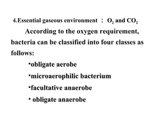 •obligate aerobeobligate aerobe
•microaerophilic bacteriummicroaerophilic bacterium
•facultative anaerobefacultative anaerobe
•  obligate anaerobeobligate anaerobe
        According to the oxygen requirement, 
bacteria can be classified into four classes as 
follows: 
4.Essential gaseous environment ：： OO22 and CO and CO22
 