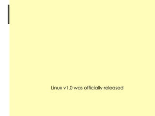 History of Linux Mid 1980's Richard Stallman & Free Software Foundation has developed functional alternatives to every major UNIX component except the kernel 1991 Linus Torvalds at the University of Helsinki (Finland) developed the original Linux kernel March 1992 Linux v1.0 was officially released 