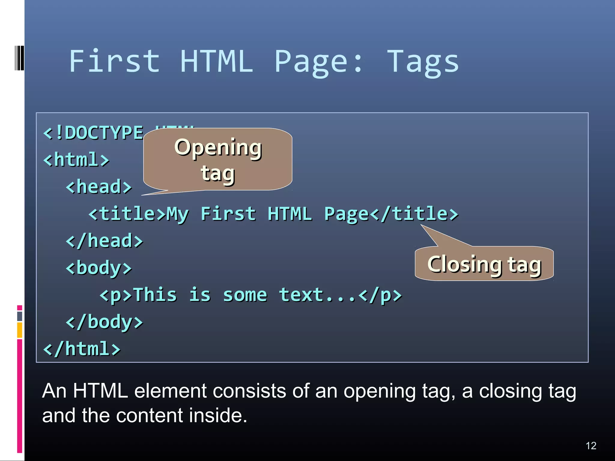 <!DOCTYPE HTML><!DOCTYPE HTML>
<html><html>
<head><head>
<title>My First HTML Page</title><title>My First HTML Page</title>
</head></head>
<body><body>
<p>This is some text...</p><p>This is some text...</p>
</body></body>
</html></html>
First HTML Page: Tags
12
OpeningOpening
tagtag
Closing tagClosing tag
An HTML element consists of an opening tag, a closing tag
and the content inside.
 