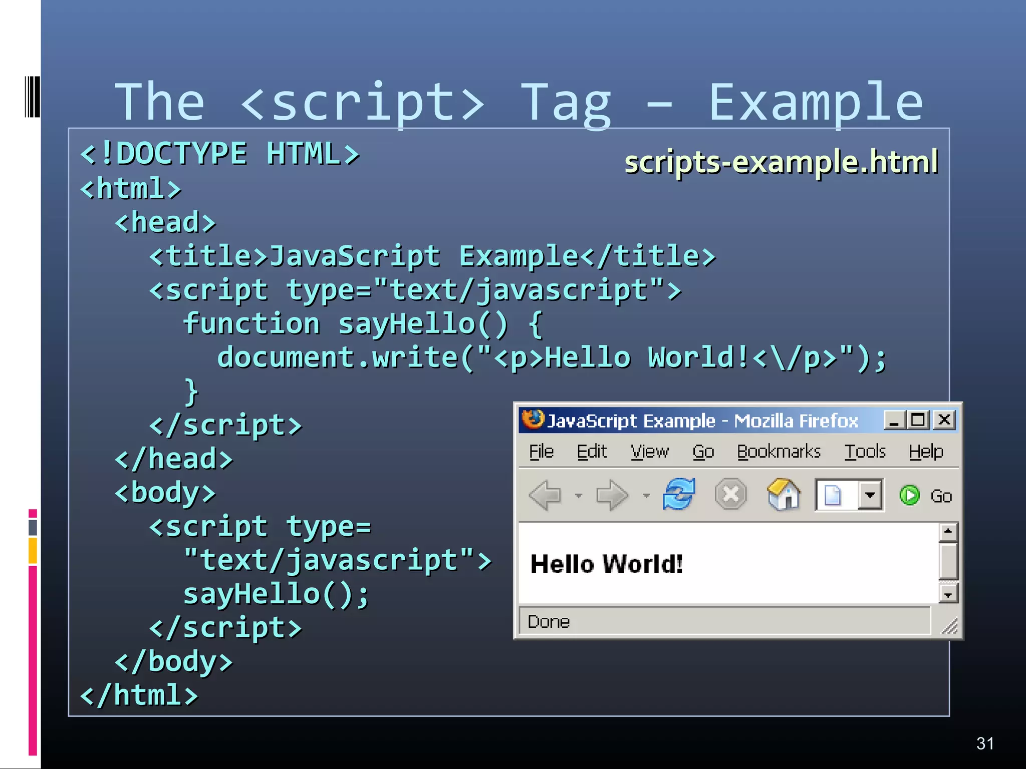 The <script> Tag – Example
31
<!DOCTYPE HTML><!DOCTYPE HTML>
<html><html>
<head><head>
<title>JavaScript Example</title><title>JavaScript Example</title>
<script type="text/javascript"><script type="text/javascript">
function sayHello() {function sayHello() {
document.write("<p>Hello World!</p>");document.write("<p>Hello World!</p>");
}}
</script></script>
</head></head>
<body><body>
<script type=<script type=
"text/javascript">"text/javascript">
sayHello();sayHello();
</script></script>
</body></body>
</html></html>
scripts-example.htmlscripts-example.html
 