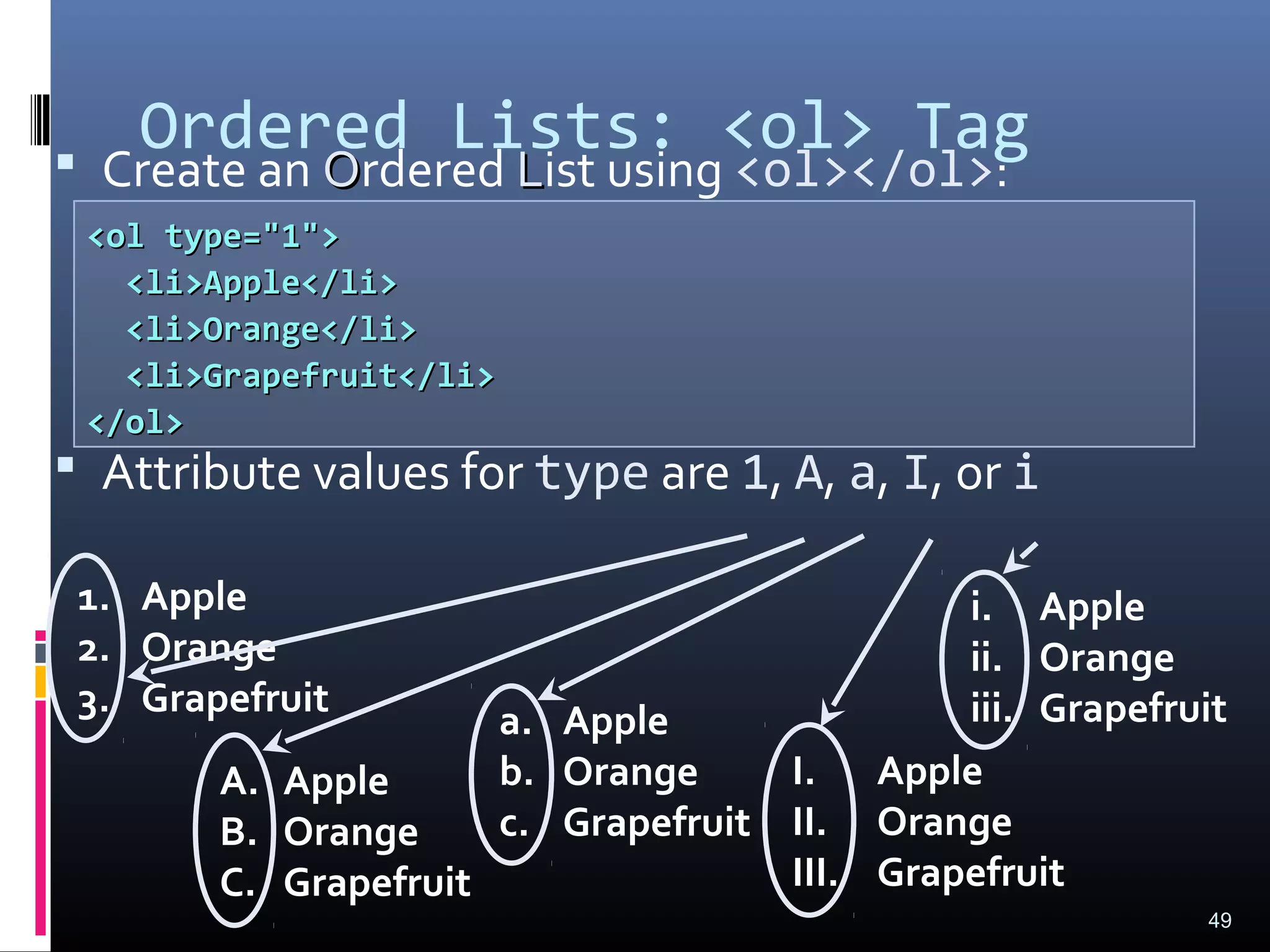 a. Apple
b. Orange
c. Grapefruit
Ordered Lists: <ol> Tag Create an OOrdered LList using <ol></ol>:
 Attribute values for type are 1, A, a, I, or i
49
1. Apple
2. Orange
3. Grapefruit
A. Apple
B. Orange
C. Grapefruit
I. Apple
II. Orange
III. Grapefruit
i. Apple
ii. Orange
iii. Grapefruit
<ol type="1"><ol type="1">
<li>Apple</li><li>Apple</li>
<li>Orange</li><li>Orange</li>
<li>Grapefruit</li><li>Grapefruit</li>
</ol></ol>
 