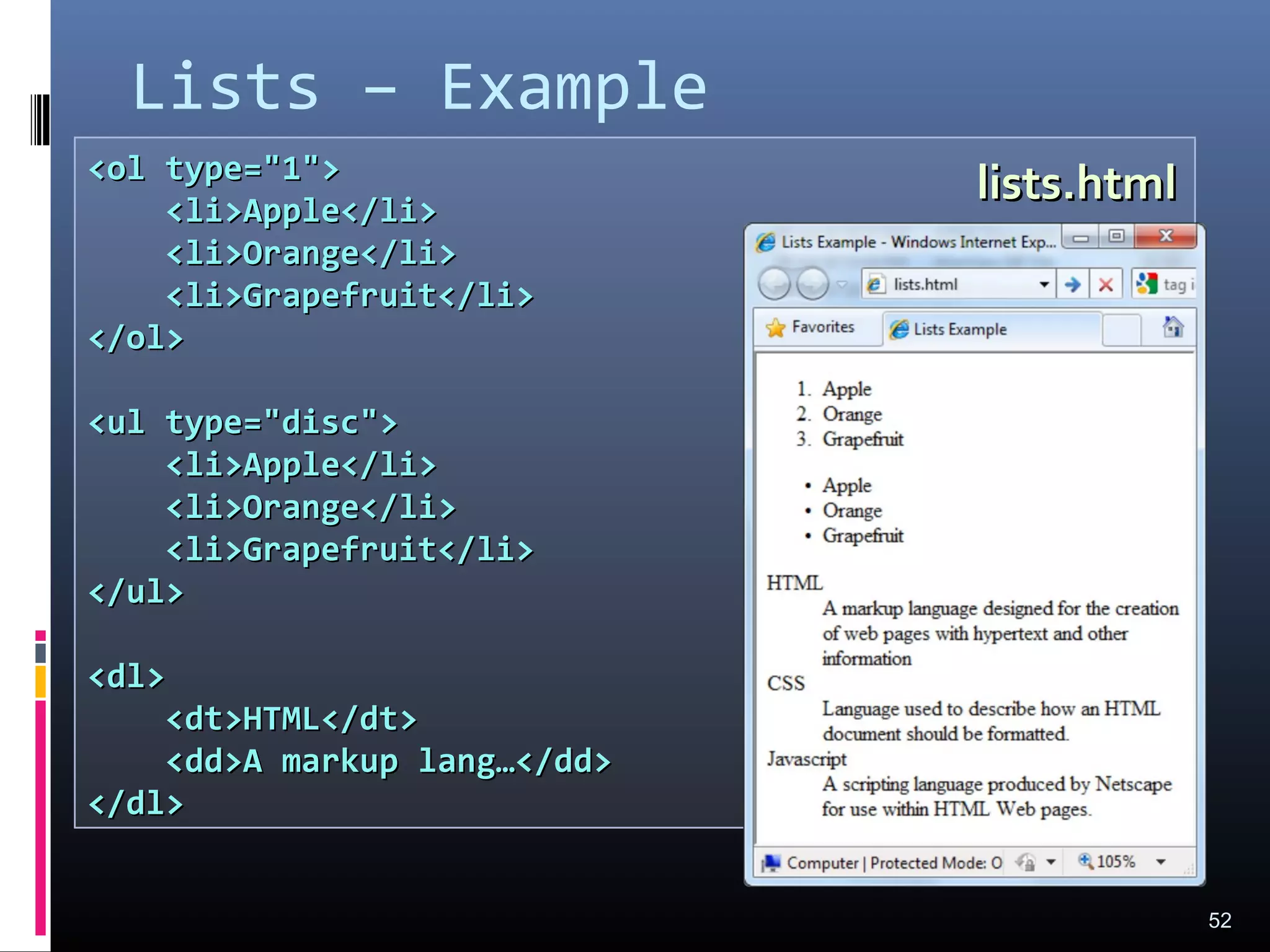 Lists – Example
52
<ol type="1"><ol type="1">
<li>Apple</li><li>Apple</li>
<li>Orange</li><li>Orange</li>
<li>Grapefruit</li><li>Grapefruit</li>
</ol></ol>
<ul type="disc"><ul type="disc">
<li>Apple</li><li>Apple</li>
<li>Orange</li><li>Orange</li>
<li>Grapefruit</li><li>Grapefruit</li>
</ul></ul>
<dl><dl>
<dt>HTML</dt><dt>HTML</dt>
<dd>A markup lang…</dd><dd>A markup lang…</dd>
</dl></dl>
lists.htmllists.html
 