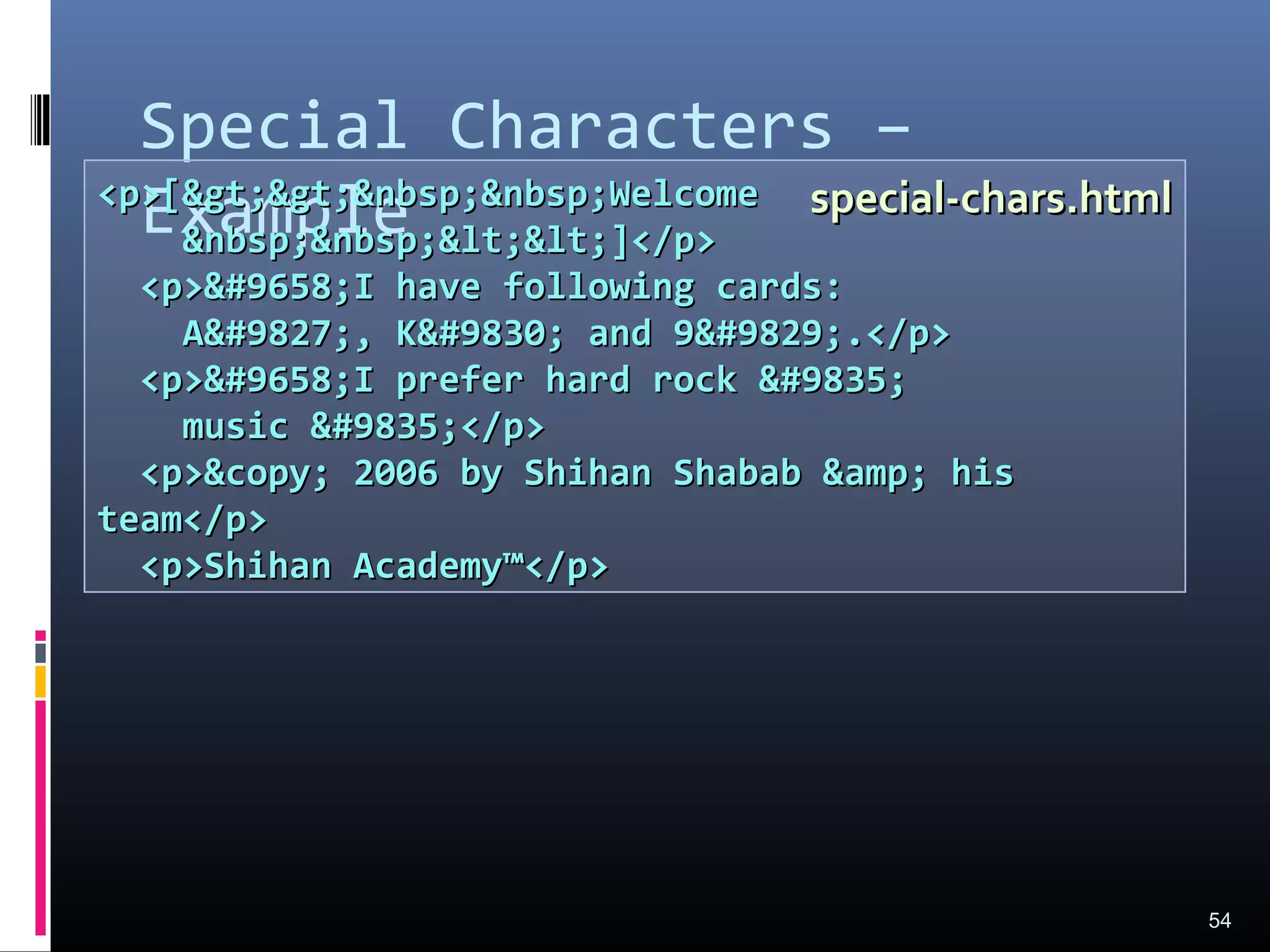 Special Characters –
Example
54
<p>[&gt;&gt;&nbsp;&nbsp;Welcome<p>[&gt;&gt;&nbsp;&nbsp;Welcome
&nbsp;&nbsp;&lt;&lt;]</p>&nbsp;&nbsp;&lt;&lt;]</p>
<p>&#9658;I have following cards:<p>&#9658;I have following cards:
A&#9827;, K&#9830; and 9&#9829;.</p>A&#9827;, K&#9830; and 9&#9829;.</p>
<p>&#9658;I prefer hard rock &#9835;<p>&#9658;I prefer hard rock &#9835;
music &#9835;</p>music &#9835;</p>
<p>&copy; 2006 by Shihan Shabab &amp; his<p>&copy; 2006 by Shihan Shabab &amp; his
team</p>team</p>
<p>Shihan Academy™</p><p>Shihan Academy™</p>
special-chars.htmlspecial-chars.html
 