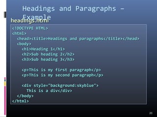 Headings and Paragraphs –
Example
20
<!DOCTYPE HTML><!DOCTYPE HTML>
<html><html>
<head><title>Headings and paragraphs</title></head><head><title>Headings and paragraphs</title></head>
<body><body>
<h1>Heading 1</h1><h1>Heading 1</h1>
<h2>Sub heading 2</h2><h2>Sub heading 2</h2>
<h3>Sub heading 3</h3><h3>Sub heading 3</h3>
<p>This is my first paragraph</p><p>This is my first paragraph</p>
<p>This is my second paragraph</p><p>This is my second paragraph</p>
<div style="background:skyblue"><div style="background:skyblue">
This is a div</div>This is a div</div>
</body></body>
</html></html>
headings.htmlheadings.html
 