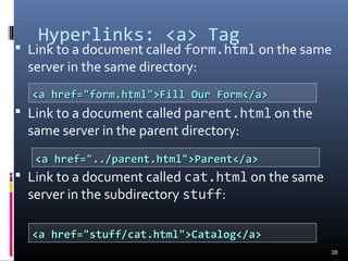 Hyperlinks: <a> Tag
 Link to a document called form.html on the same
server in the same directory:
 Link to a document called parent.html on the
same server in the parent directory:
 Link to a document called cat.html on the same
server in the subdirectory stuff:
38
<a href="form.html">Fill Our Form</a><a href="form.html">Fill Our Form</a>
<a href="../parent.html">Parent</a><a href="../parent.html">Parent</a>
<a href="stuff/cat.html">Catalog</a><a href="stuff/cat.html">Catalog</a>
 