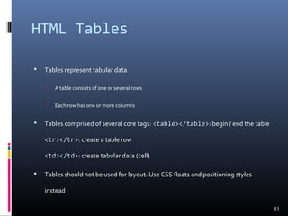HTML Tables
 Tables represent tabular data
 A table consists of one or several rows
 Each row has one or more columns
 Tables comprised of several core tags: <table></table>: begin / end the table
<tr></tr>: create a table row
<td></td>: create tabular data (cell)
 Tables should not be used for layout. Use CSS floats and positioning styles
instead
61
 