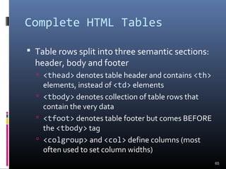 Complete HTML Tables
 Table rows split into three semantic sections:
header, body and footer
 <thead> denotes table header and contains <th>
elements, instead of <td> elements
 <tbody> denotes collection of table rows that
contain the very data
 <tfoot> denotes table footer but comes BEFORE
the <tbody> tag
 <colgroup> and <col> define columns (most
often used to set column widths)
65
 