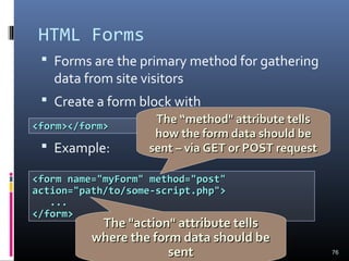 HTML Forms
 Forms are the primary method for gathering
data from site visitors
 Create a form block with
 Example:
76
<form></form><form></form>
<form name="myForm" method="post"<form name="myForm" method="post"
action="path/to/some-script.php">action="path/to/some-script.php">
......
</form></form>
The "action" attribute tellsThe "action" attribute tells
where the form data should bewhere the form data should be
sentsent
The “method" attribute tellsThe “method" attribute tells
how the form data should behow the form data should be
sent – via GET or POST requestsent – via GET or POST request
 
