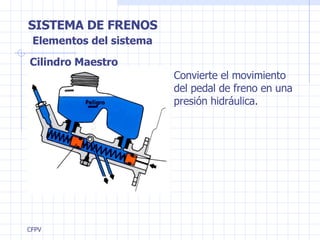 SISTEMA DE FRENOS Cilindro Maestro Elementos del sistema Convierte el movimiento del pedal de freno en una presión hidráulica. 
