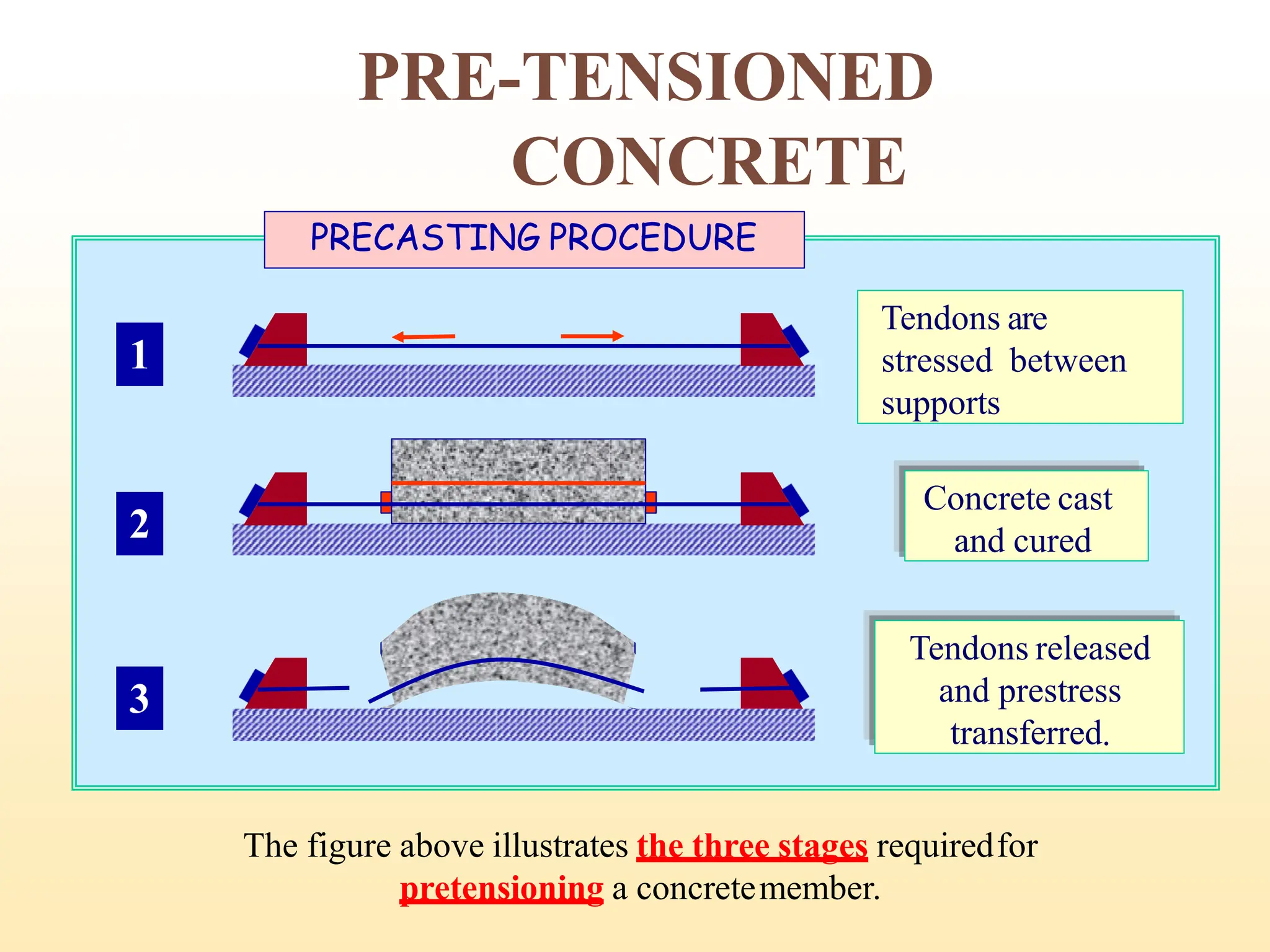 PRE-TENSIONED
CONCRETE
1
Tendons are
stressed between
supports
PRECASTING PROCEDURE
The figure above illustrates the three stages requiredfor
pretensioning a concretemember.
Concrete cast
and cured
2
Tendons released
and prestress
transferred.
3
12
 