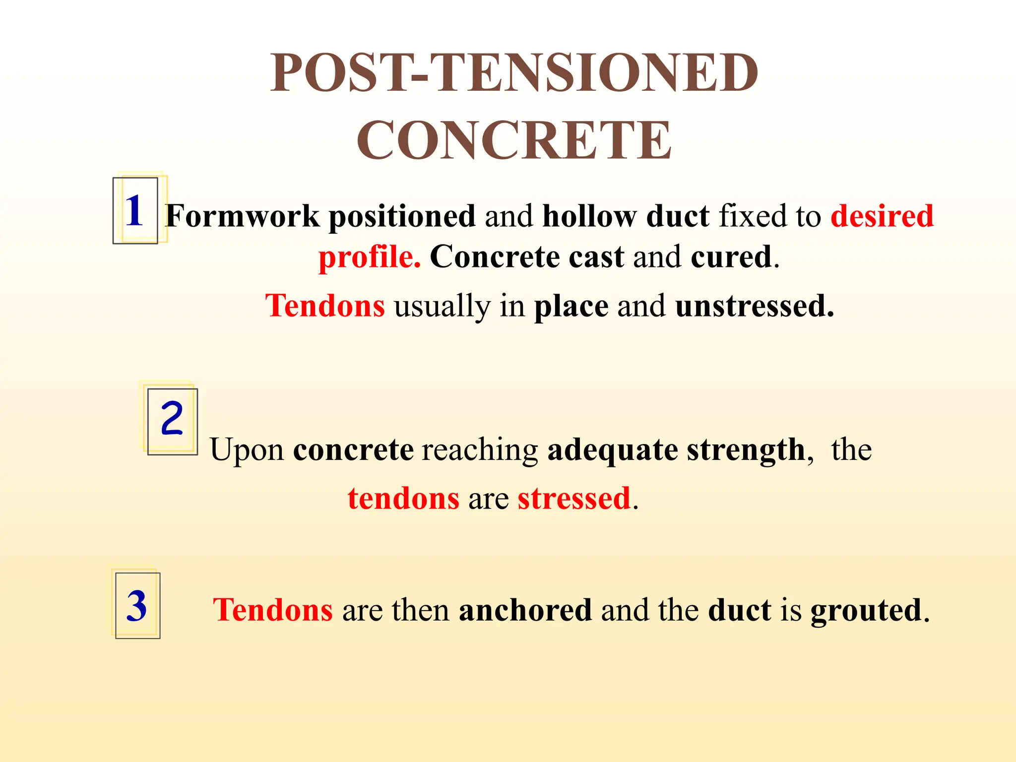 POST-TENSIONED
CONCRETE
Formwork positioned and hollow duct fixed to desired
profile. Concrete cast and cured.
Tendons usually in place and unstressed.
1
Upon concrete reaching adequate strength, the
tendons are stressed.
2
Tendons are then anchored and the duct is grouted.
3
16
 
