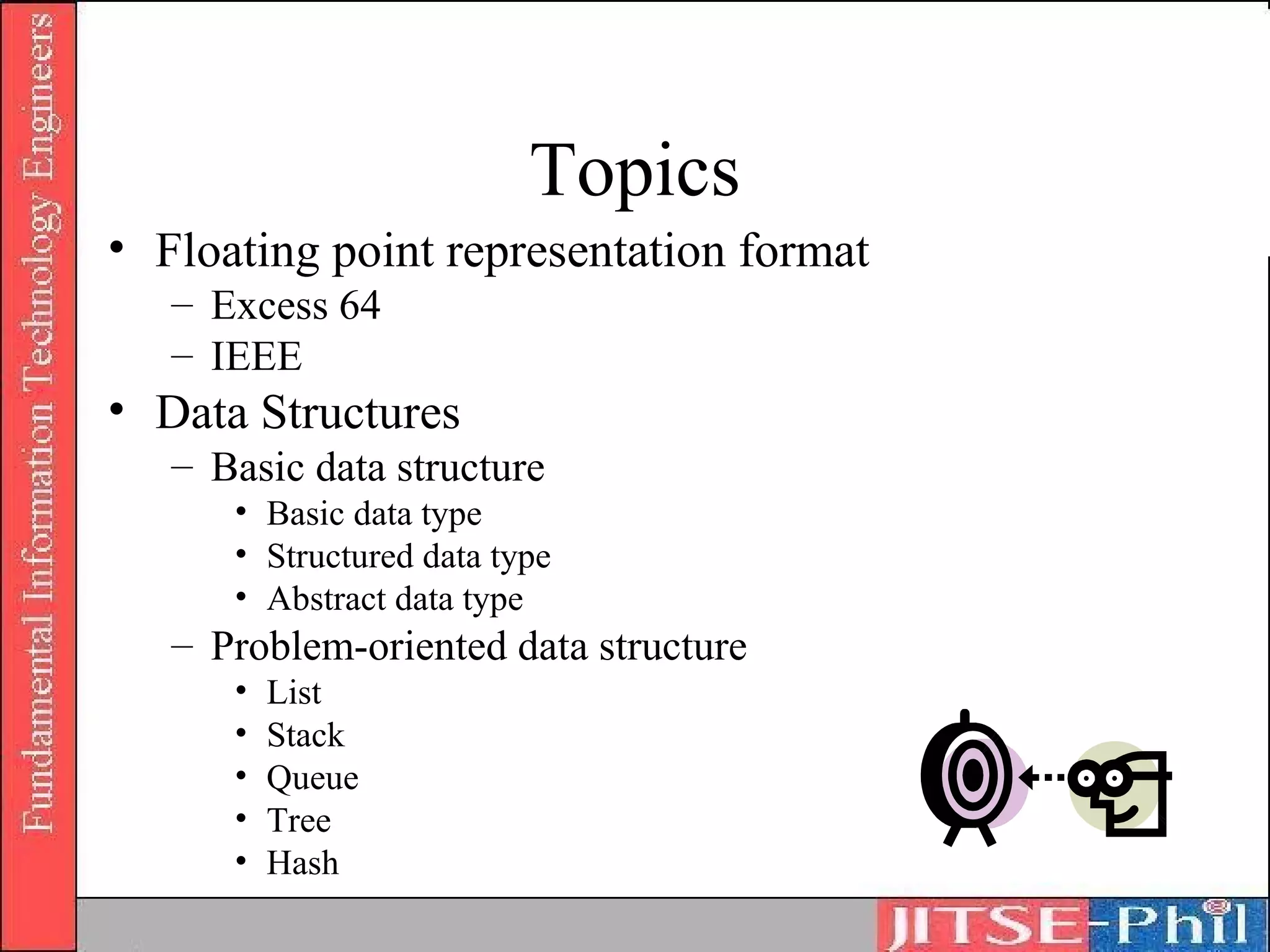 Topics
• Floating point representation format
   – Excess 64
   – IEEE
• Data Structures
   – Basic data structure
      • Basic data type
      • Structured data type
      • Abstract data type
   – Problem-oriented data structure
      •   List
      •   Stack
      •   Queue
      •   Tree
      •   Hash
 