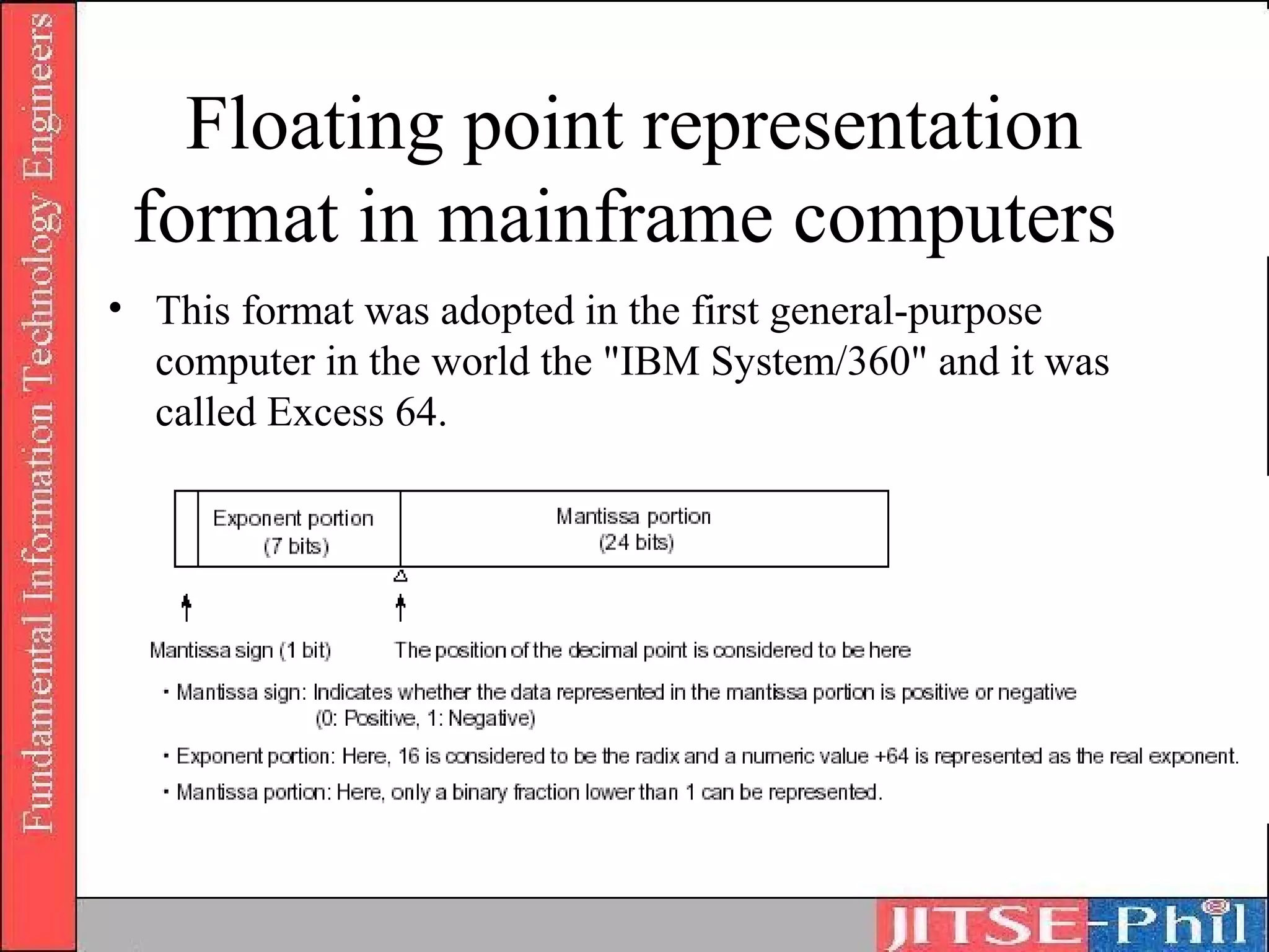 Floating point representation
 format in mainframe computers
• This format was adopted in the first general-purpose
  computer in the world the "IBM System/360" and it was
  called Excess 64.
 