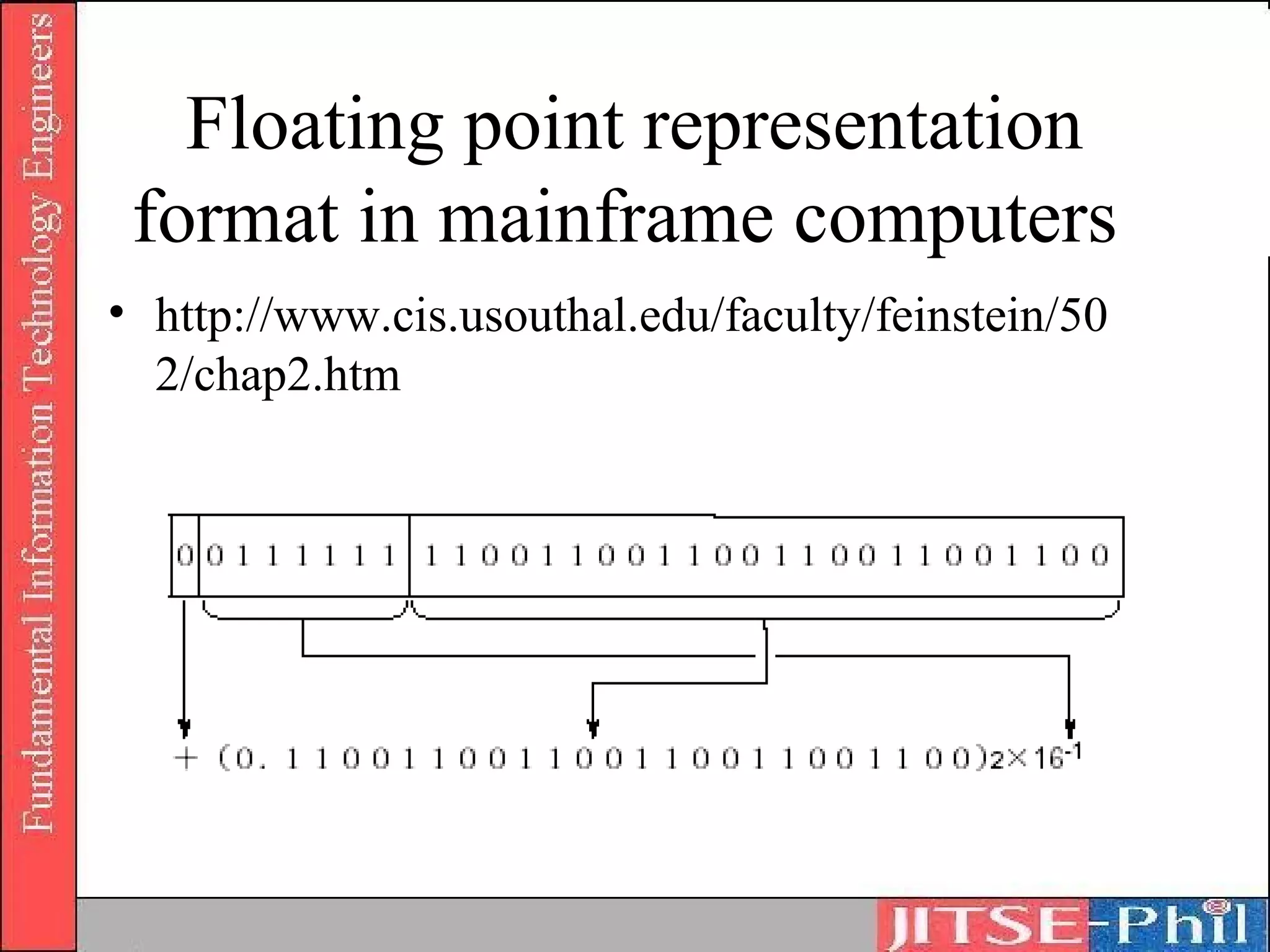Floating point representation
 format in mainframe computers
• http://www.cis.usouthal.edu/faculty/feinstein/50
  2/chap2.htm
 