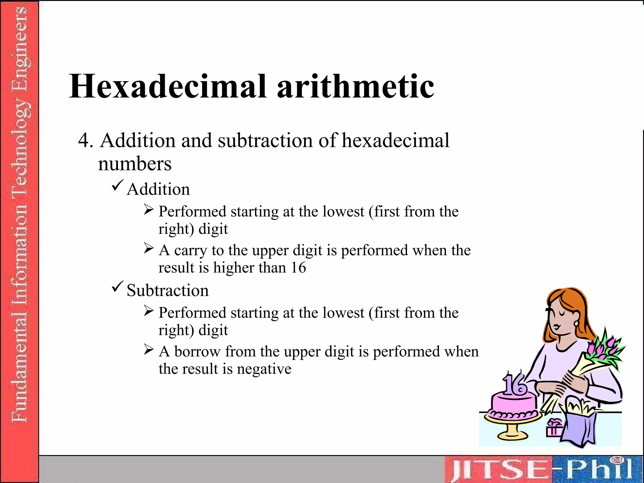 Hexadecimal arithmetic
4. Addition and subtraction of hexadecimal
   numbers
    Addition
        Performed starting at the lowest (first from the
         right) digit
        A carry to the upper digit is performed when the
         result is higher than 16
    Subtraction
        Performed starting at the lowest (first from the
         right) digit
        A borrow from the upper digit is performed when
         the result is negative
 