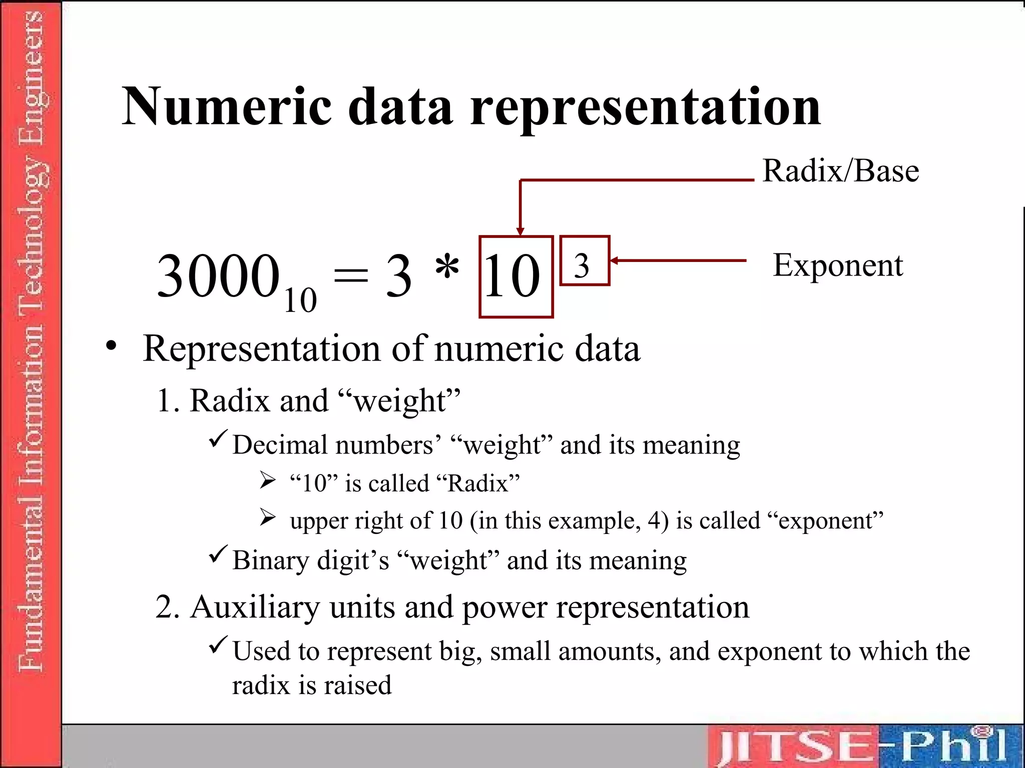 Numeric data representation
                                                           Radix/Base


   300010 = 3 * 10                      3                   Exponent

• Representation of numeric data
   1. Radix and “weight”
       Decimal numbers’ “weight” and its meaning
           “10” is called “Radix”
           upper right of 10 (in this example, 4) is called “exponent”
       Binary digit’s “weight” and its meaning
   2. Auxiliary units and power representation
       Used to represent big, small amounts, and exponent to which the
        radix is raised
 