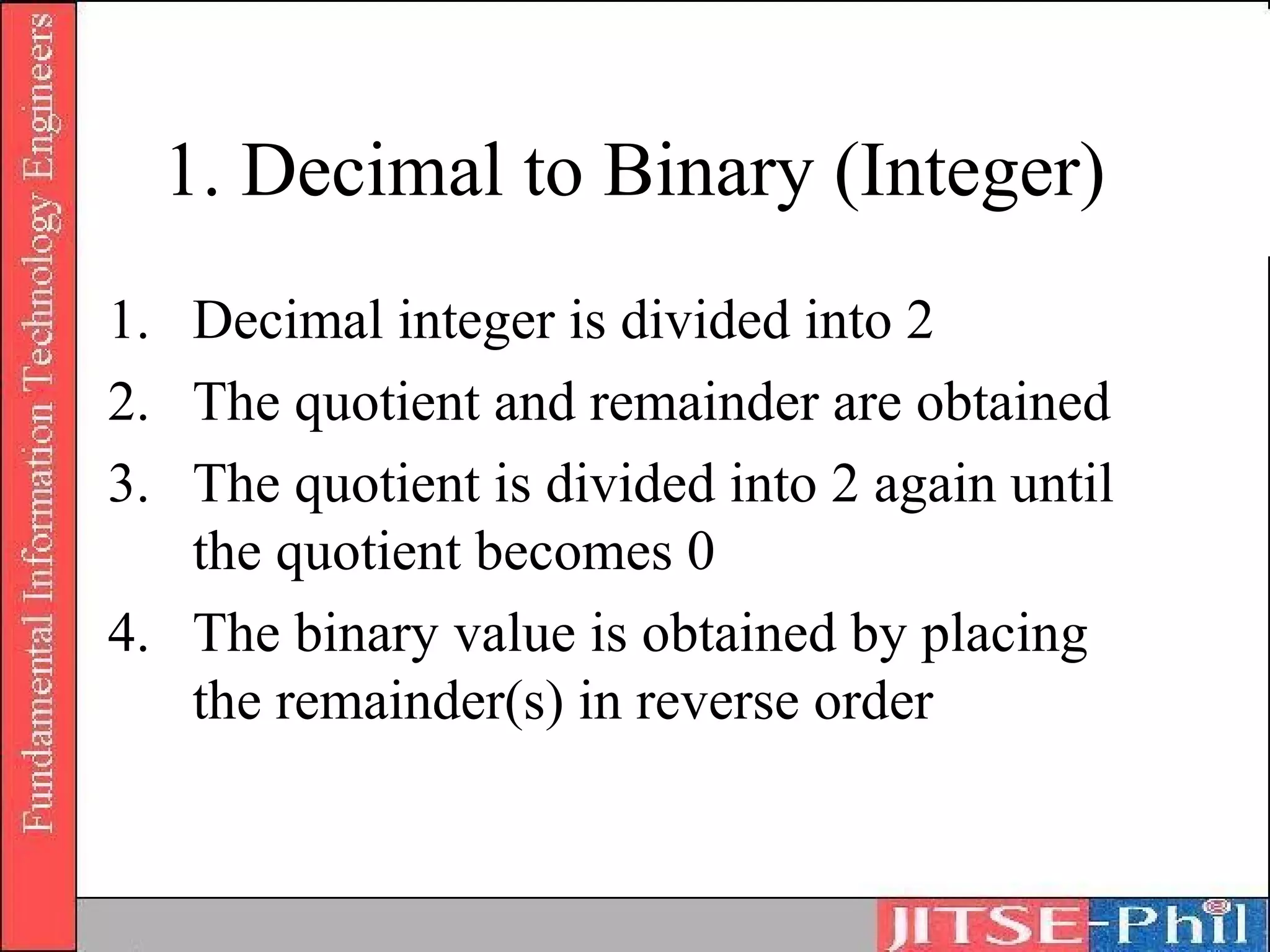 1. Decimal to Binary (Integer)
1. Decimal integer is divided into 2
2. The quotient and remainder are obtained
3. The quotient is divided into 2 again until
   the quotient becomes 0
4. The binary value is obtained by placing
   the remainder(s) in reverse order
 