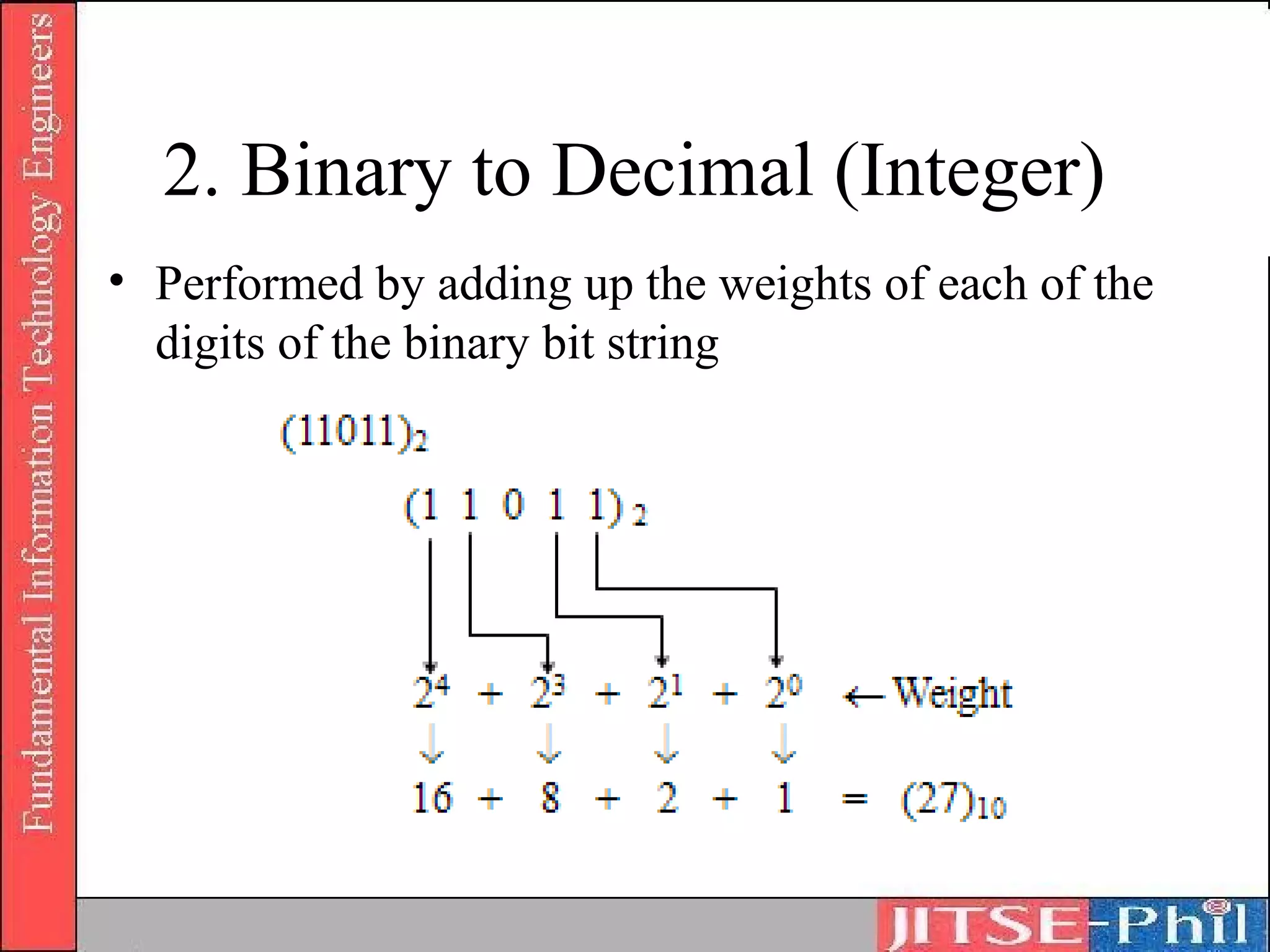 2. Binary to Decimal (Integer)
• Performed by adding up the weights of each of the
  digits of the binary bit string
 