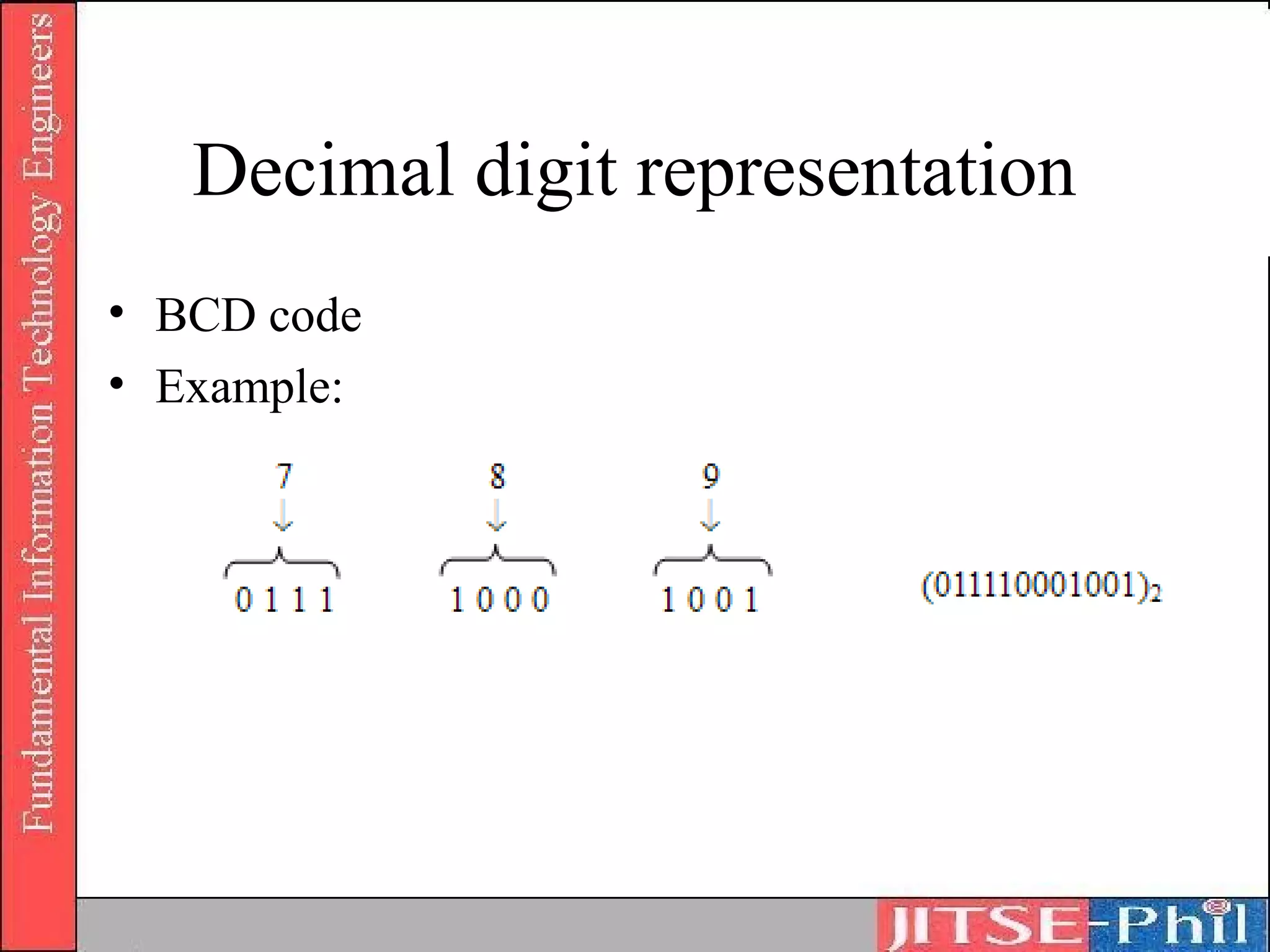 Decimal digit representation
• BCD code
• Example:
 