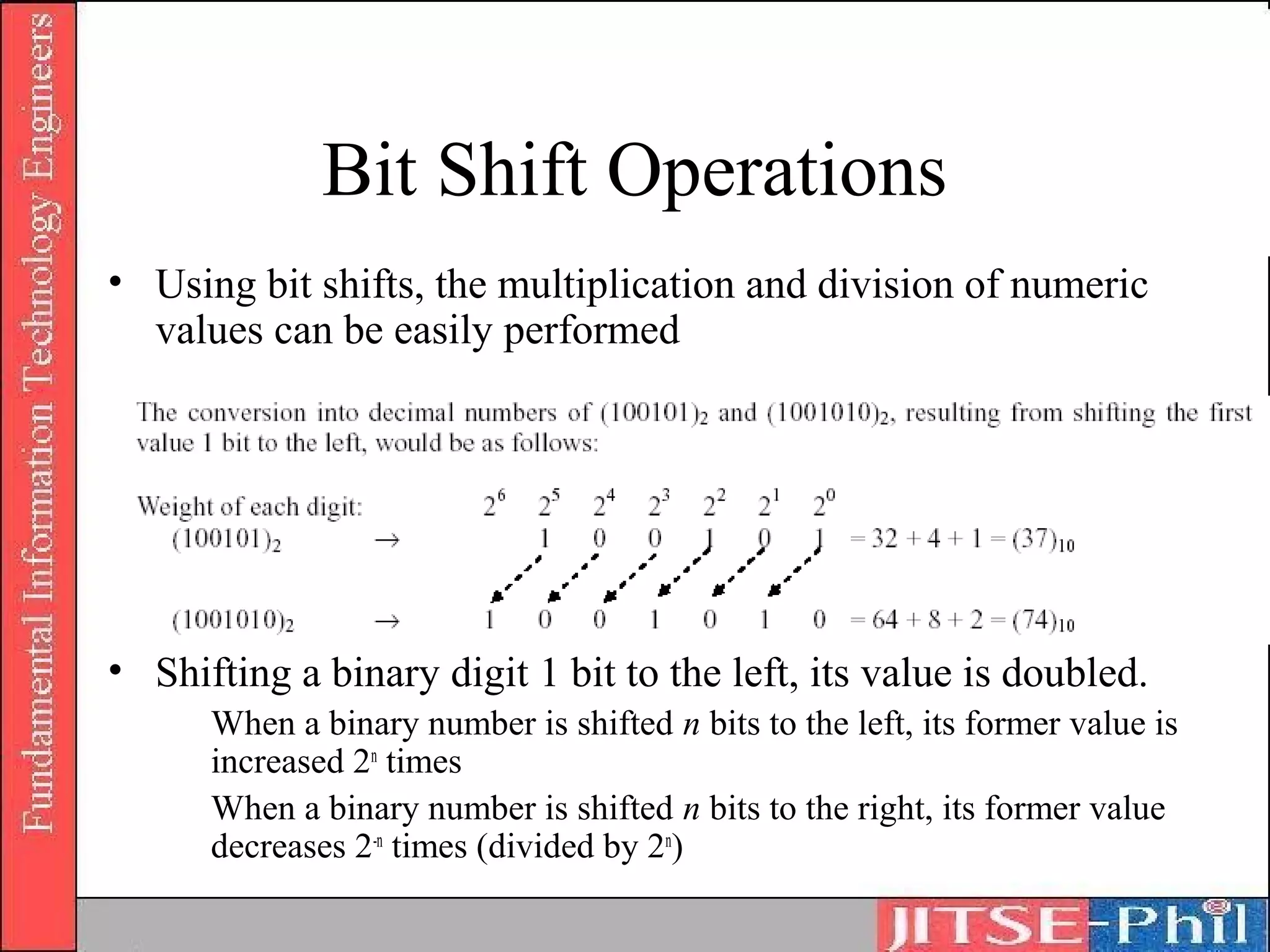 Bit Shift Operations
• Using bit shifts, the multiplication and division of numeric
  values can be easily performed




• Shifting a binary digit 1 bit to the left, its value is doubled.
      When a binary number is shifted n bits to the left, its former value is
      increased 2n times
      When a binary number is shifted n bits to the right, its former value
      decreases 2-n times (divided by 2n)
 