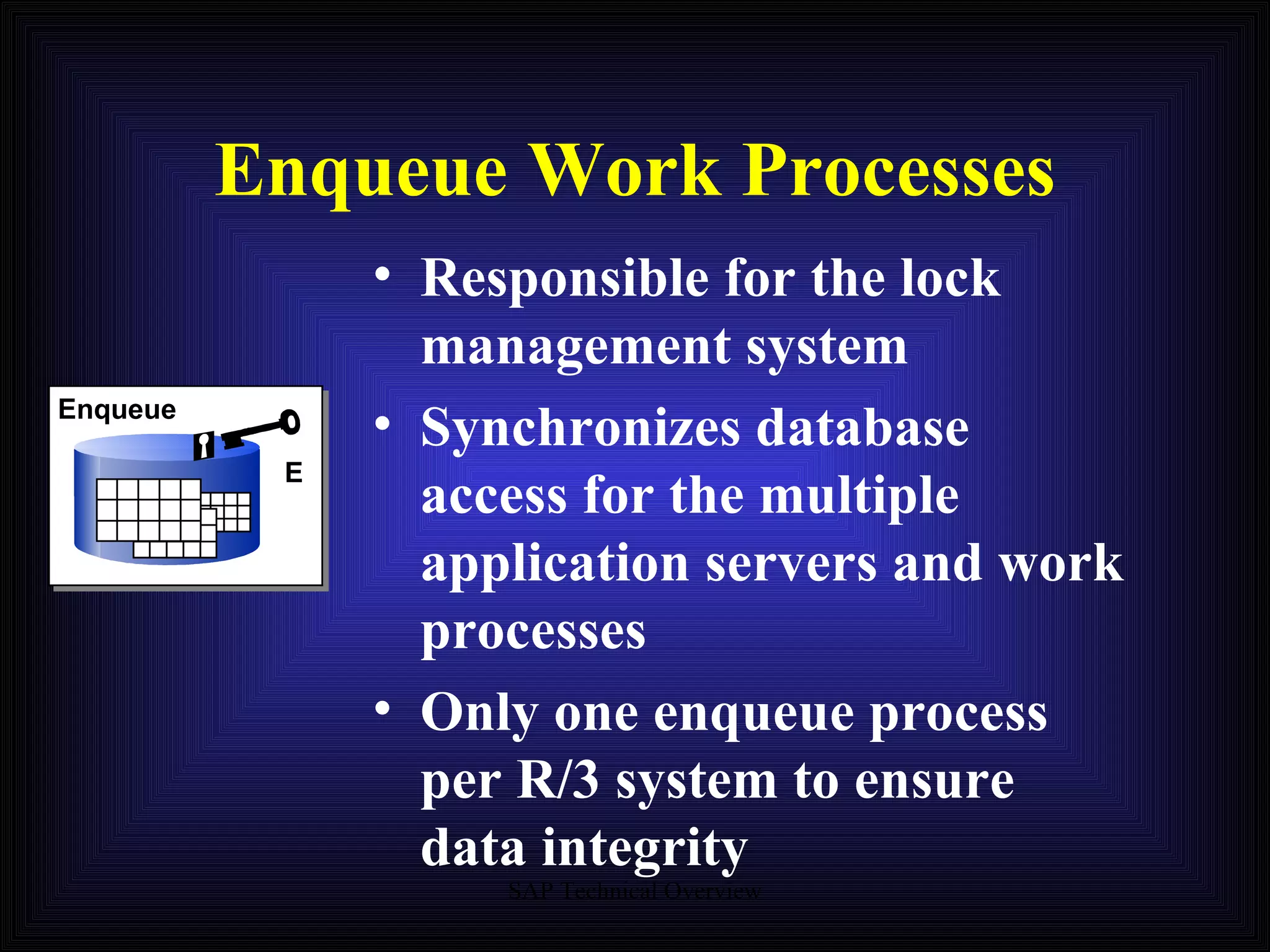 Enqueue Work Processes Responsible for the lock management system Synchronizes database access for the multiple application servers and work processes Only one enqueue process per R/3 system to ensure data integrity Enqueue E 