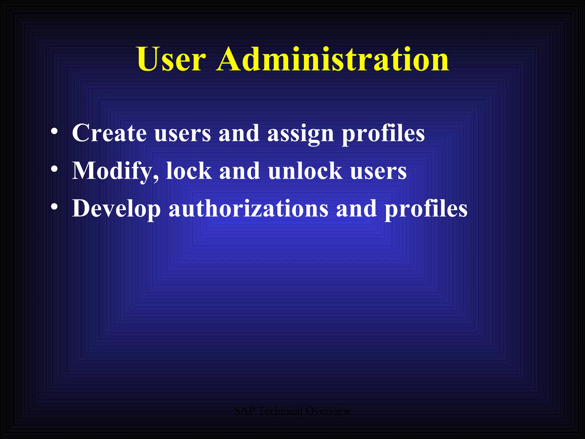 User Administration Create users and assign profiles  Modify, lock and unlock users Develop authorizations and profiles 