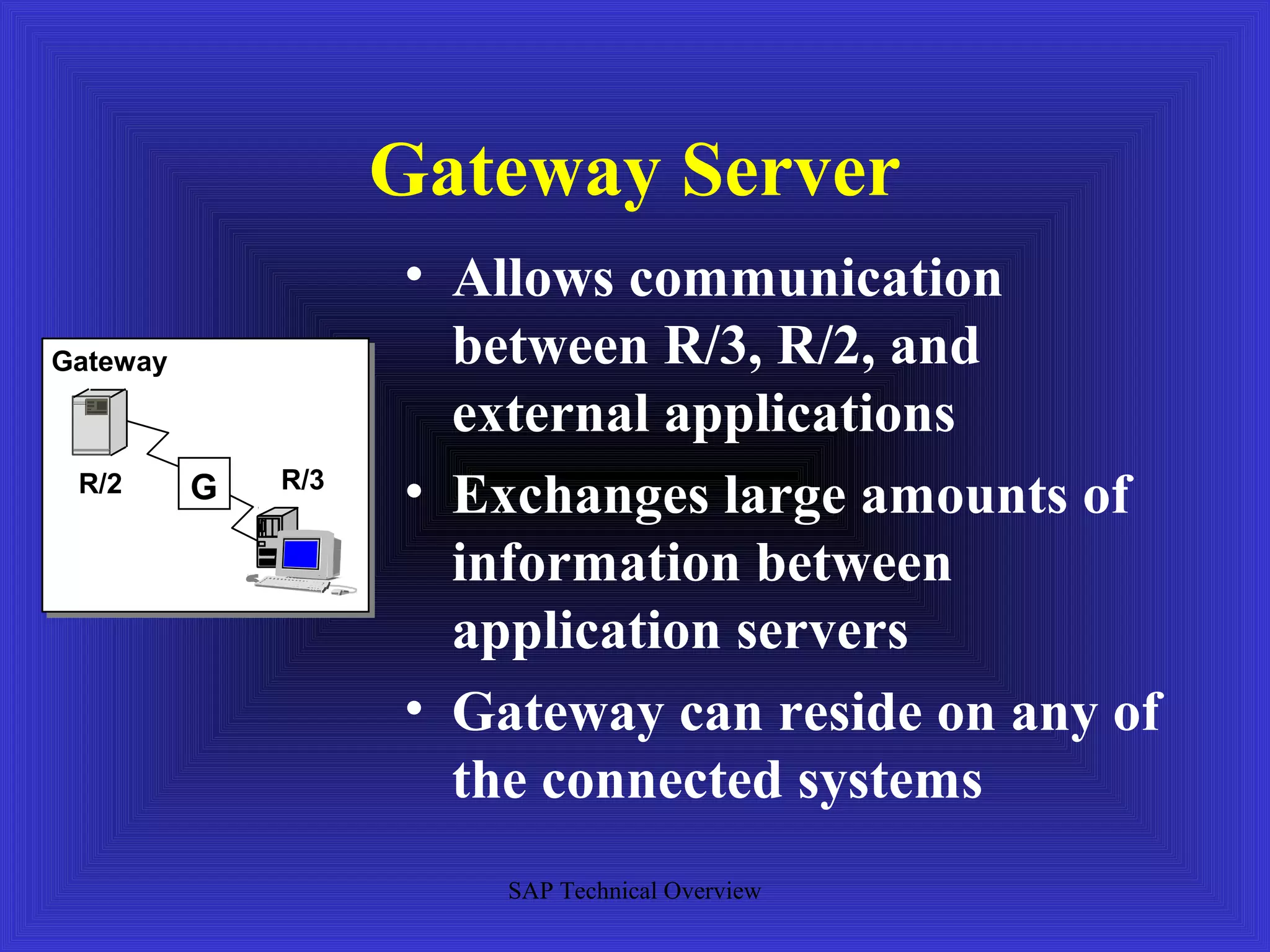 Gateway Server
                    • Allows communication
Gateway               between R/3, R/2, and
                      external applications
 R/2      G   R/3
                    • Exchanges large amounts of
                      information between
                      application servers
                    • Gateway can reside on any of
                      the connected systems
                        SAP Technical Overview
 