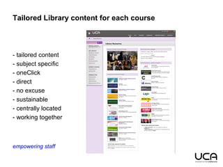 Tailored Library content for each course
empowering staff
- tailored content
- subject specific
- oneClick
- direct
- no excuse
- sustainable
- centrally located
- working together
 