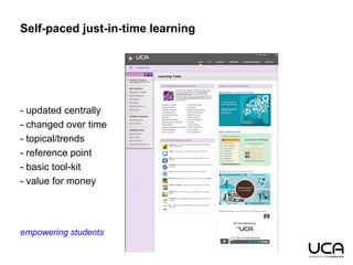 empowering students
Self-paced just-in-time learning
- updated centrally
- changed over time
- topical/trends
- reference point
- basic tool-kit
- value for money
 