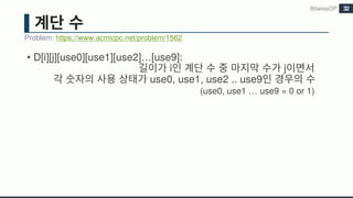 • D[i][j][use0][use1][use2]…[use9]:
i j
use0, use1, use2 .. use9
(use0, use1 … use9 = 0 or 1)
BitwiseDP
Problem: https://www.acmicpc.net/problem/1562
32
 