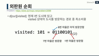 • d[cur][visited]: i
visited
Problem: https://www.acmicpc.net/problem/2098
BitwiseDP
7 1
8
50
visited: 101 = 01100101(2)
 