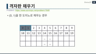 • (0, 1)
Problem: https://www.acmicpc.net/problem/1648
BitwiseDP 63
0 1 2 3 4 5 6 7 8 9
10 11 12 13 14 15 16 17 18 19
… …
… …
 
