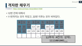 • 12
• 11 , 22 .
Problem: https://www.acmicpc.net/problem/1648
BitwiseDP 74
0 1 2 3 4 5 6 7 8 9
10 11 12 13 14 15 16 17 18 19
20 21 22 23 24 25 26 27 28 29
… …
12부터 M칸의 상태:
1111001001(2)
 