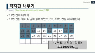• 12
• 12 , 13 .
Problem: https://www.acmicpc.net/problem/1648
BitwiseDP 75
0 1 2 3 4 5 6 7 8 9
10 11 12 13 14 15 16 17 18 19
20 21 22 23 24 25 26 27 28 29
… …
12부터 M칸의 상태:
1111001001(2)
 