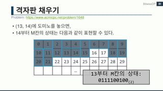 • (13, 14) ,
• 14 M .
Problem: https://www.acmicpc.net/problem/1648
BitwiseDP 81
0 1 2 3 4 5 6 7 8 9
10 11 12 13 14 15 16 17 18 19
20 21 22 23 24 25 26 27 28 29
… …
13부터 M칸의 상태:
0111100100(2)
 