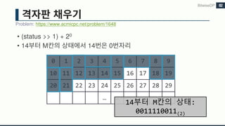 • (status >> 1) + 20
• 14 M 14 0
Problem: https://www.acmicpc.net/problem/1648
BitwiseDP 82
0 1 2 3 4 5 6 7 8 9
10 11 12 13 14 15 16 17 18 19
20 21 22 23 24 25 26 27 28 29
… …
14부터 M칸의 상태:
0011110011(2)
 