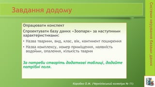 Опрацювати конспект
Спроектувати базу даних «Зоопарк» за наступними
характеристиками:
• Назва тварини, вид, клас, вік, континент поширення
• Назва комплексу, номер приміщення, наявність
водойми, опалення, кількість тварин
За потреби створіть додаткові таблиці, додайте
потрібні поля.
Коробко О.М. (Чернігівський колегіум № 11)
 