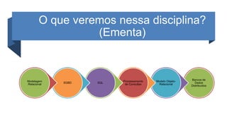 O que veremos nessa disciplina?
(Ementa)
Bancos de
Dados
Distribuídos
Modelo Objeto-
Relacional
Processamento
de Consultas
SQL
SGBD
Modelagem
Relacional
 