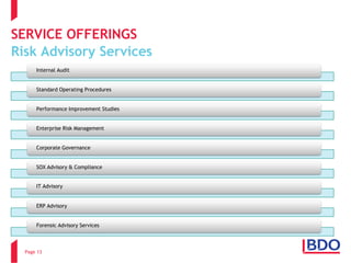 SERVICE OFFERINGS 
Risk Advisory Services 
Page 13 
Internal Audit 
Standard Operating Procedures 
Performance Improvement Studies 
Enterprise Risk Management Corporate Governance 
SOX Advisory & Compliance 
IT Advisory 
ERP AdvisoryForensic Advisory Services  