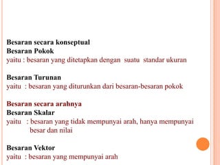 Besaran secara konseptual
Besaran Pokok
yaitu : besaran yang ditetapkan dengan suatu standar ukuran

Besaran Turunan
yaitu : besaran yang diturunkan dari besaran-besaran pokok

Besaran secara arahnya
Besaran Skalar
yaitu : besaran yang tidak mempunyai arah, hanya mempunyai
        besar dan nilai

Besaran Vektor
yaitu : besaran yang mempunyai arah
 