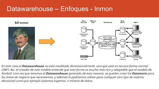 Datawarehouse – Enfoques - Inmon
En este caso el Datawarehouse no está modelado dimensionalmente, sino que está en tercera forma normal
(3NF). Así, el creador de este modelo entiende que esta forma es mucho más rica y adaptable que el modelo de
Kimball. Una vez que tenemos el Datawarehouse generado de esta manera, se pueden crear los Datamarts para
las áreas de negocio que necesitemos, y además lo podríamos utilizar para cualquier otro tipo de sistema
decisional como por ejemplo sistemas expertos, o minería de datos.
Bill Inmon
 