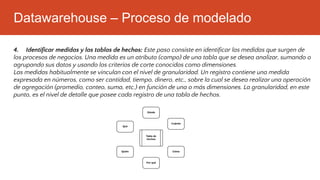 Datawarehouse – Proceso de modelado
4. Identificar medidas y las tablas de hechos: Este paso consiste en identificar las medidas que surgen de
los procesos de negocios. Una medida es un atributo (campo) de una tabla que se desea analizar, sumando o
agrupando sus datos y usando los criterios de corte conocidos como dimensiones.
Las medidas habitualmente se vinculan con el nivel de granularidad. Un registro contiene una medida
expresada en números, como ser cantidad, tiempo, dinero, etc., sobre la cual se desea realizar una operación
de agregación (promedio, conteo, suma, etc.) en función de una o más dimensiones. La granularidad, en este
punto, es el nivel de detalle que posee cada registro de una tabla de hechos.
 