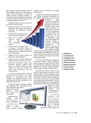 Basic analysis includes real-time status of     demands for new products and product
plant utilisation and trends in market demand   enhancements.
versus planned production runs. Advanced
                                                    using BI, one can assess cash-management
analysis includes hedging analysis on
                                                and monitor operational effectiveness of
commodities used in production, forecasting
                                                the payables department to ensure lowest
of machine output and linear programming
                                                                      transaction            costs.
to optimise production resources.
                                                                      Identify most profitable
    Following business area are prime areas                           customers, products and
of concern for manufacturers:                                        channels, and understand
l   Having a bird’s eye view of customer                            profitability drivers across
    information which helps sales team to                              regions, divisions and
    coordinate and collaborate customer                                profit centres. Improve
    interactions.                                                      inventory management
                                                                       for those products that
l   Trace the metrics and indicators that                              consistently fall into
    improve customer satisfaction.                                     backlog due to lack
l   lead time to fulfill                                               of appropriate stock
    customer      orders                                               levels. Gain visibility into
    across         sales                                               inventory activities to
    and     distribution                                              minimise unnecessary
    channels.                                                         expenditures             and
l   Improve ‘order promising’ (when                                   optimise inventory to
    a customer is promised delivery or                                conserve working capital.
    issue resolution) through an analysis of                          Gain detailed visibility
    historical statistics, expected lead time   into direct and indirect spending, and identify
    and inventory levels.                       opportunities for consolidation and reduction
                                                of costs. Monitor price, delivery and product                 Using BI, one
l   Analysis of current usage of products to    quality to determine the best and the worst                   can assess cash-
    launch new range of products.               performing suppliers.                                         management and
l   Tracking service, to better predict and
    prepare inventory and production levels.
                                                    BI can be accessed by top management                      monitor operational
                                                who need to obtain strategic information
l   Benchmark distributors, regions and         that can help them decide the future course
                                                                                                              effectiveness of the
    individual locations against each           of action. Business Intelligence is being more                payables department
    other in an attempt to foster increased     equipped for decision making, predicting                      to ensure lowest
    attention to goals and metrics, and         trends, analysis and delivering information.
    reward high performers and aid                                                                            transaction costs.
    underachievers.                                 Manufacturing Industry needs to look
                                                out for a solution that can help them lower
    To overcome this, they need to maintain     lead time, help in reducing production costs,
optimum level of inventory so as to avoid       improve product quality, have a better tracking
overstock or short-supply and bring             system and improve customer satisfaction.
innovative and profitable schemes at the        The industry also needs to respond quickly
marketing level. Business Intelligence is the   to changing market environments. Currently,
right tool to achieve this.                     delivering key information to key people has
    BI helps in keeping managers updated        gained extra importance that can help plan for
and equipped with state-of-the-art and                                   production, reduce
exact information that helps in                                           hidden costs, keep
taking critical business                                                   optimum         level
decisions        rather                                                    of inventory and
than     going      on                                                     maximise profits.
assumptions.                                                                  Changing
    BI helps improve                                                      customer       and
visibility      and                                                       distributor
communication                                                            requirements,
across increasingly                                                      internal operations
c o m p l e x                                                           demand an optimal
manufacturing                                                          way of decision
supply         chains,                                                 making      by    the
while satisfying customer                                   manufacturer. each manufacturer



                                                                                                                         •
                                                                                            THE ECONOMIC TIMES POLYMERS june - july, 2010   13
 
