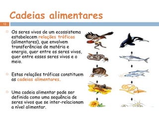 Cadeias alimentares Os seres vivos de um ecossistema estabelecem  relações tróficas  (alimentares), que envolvem transferências de matéria e energia, quer entre os seres vivos, quer entre esses seres vivos e o meio. Estas relações tróficas constituem as  cadeias alimentares. Uma cadeia alimentar pode ser definida como uma sequência de seres vivos que se inter-relacionam a nível alimentar. 