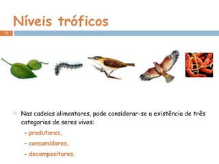 Níveis tróficos Nas cadeias alimentares, pode considerar-se a existência de três categorias de seres vivos: -  produtores, -  consumidores, -  decompositores. 