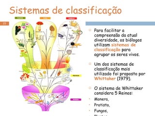 Sistemas de classificação Para facilitar a compreensão da atual diversidade, os biólogos utilizam  sistemas de classificação  para agrupar os seres vivos. Um dos sistemas de classificação mais utilizado foi proposto por  Whittaker  (1979). O sistema de Whittaker considera 5 Reinos: Monera, Protista, Fungos, Plantas, Animal. 