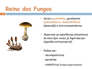 Reino dos Fungos Seres  eucariontes , geralmente  multicelulares,   heterotróficos  (absorção) e microconsumidores. Absorvem as substâncias alimentares do meio (por vezes já digeridas por digestão extracorporal). Podem ser: - decompositores - parasitas - simbióticos   (fungos+algas=líquenes)  