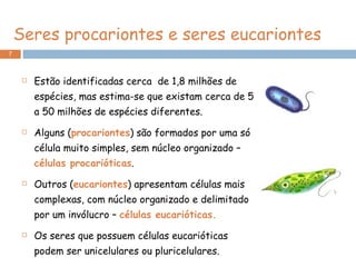 Seres procariontes e seres eucariontes Estão identificadas cerca  de 1,8 milhões de espécies, mas estima-se que existam cerca de 5 a 50 milhões de espécies diferentes. Alguns ( procariontes ) são formados por uma só célula muito simples, sem núcleo organizado –  células procarióticas . Outros ( eucariontes ) apresentam células mais complexas, com núcleo organizado e delimitado por um invólucro –  células eucarióticas. Os seres que possuem células eucarióticas podem ser unicelulares ou pluricelulares. 