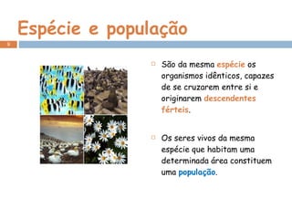 Espécie e população São da mesma  espécie  os organismos idênticos, capazes de se cruzarem entre si e originarem  descendentes férteis . Os seres vivos da mesma espécie que habitam uma determinada área constituem uma  população .  